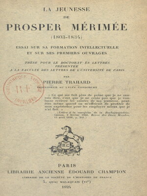 cover image of La jeunesse de Prosper Mérimée (1803-1834)